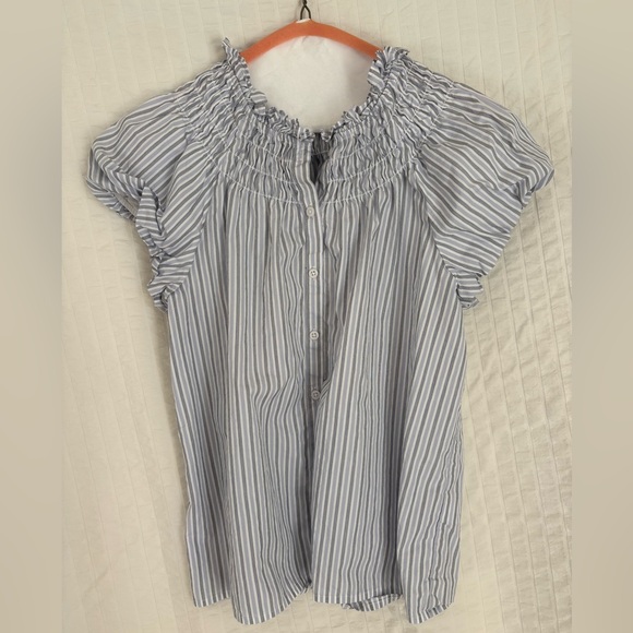 J. Crew Tops - J. Crew Blue and White Striped Blouse with Ruffle Sleeves
